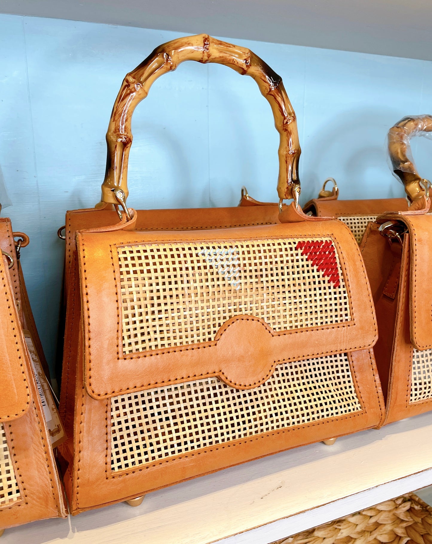 Rattan Cane Weave Handbag with Bamboo Handles