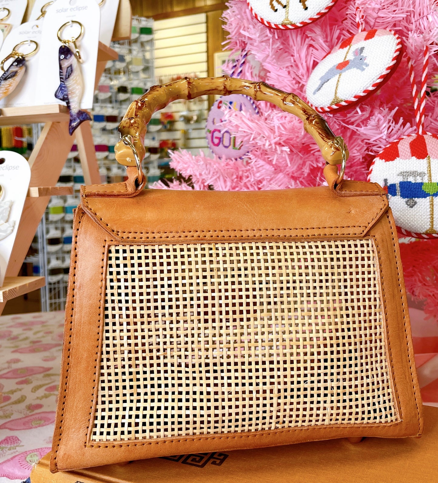 Rattan Cane Weave Handbag with Bamboo Handles